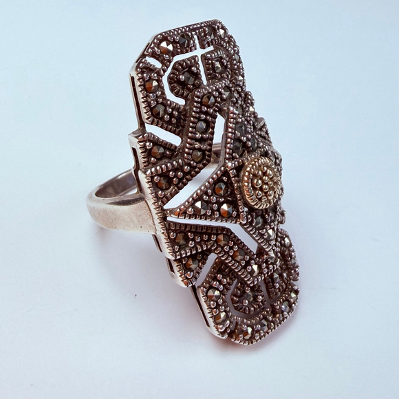Chapal Zenray 14K Gold Marcasite Art Deco 1.2" Sterling Silver 925 VTG Ring - Picture 2 of 11